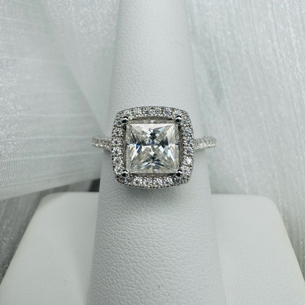 4.13 CT Moissanite Diamond Princess Cut w Pavé Halo & Band