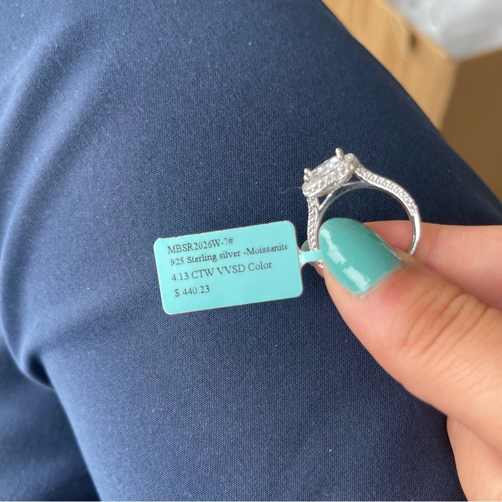 4.13 CT Moissanite Diamond Princess Cut w Pavé Halo & Band