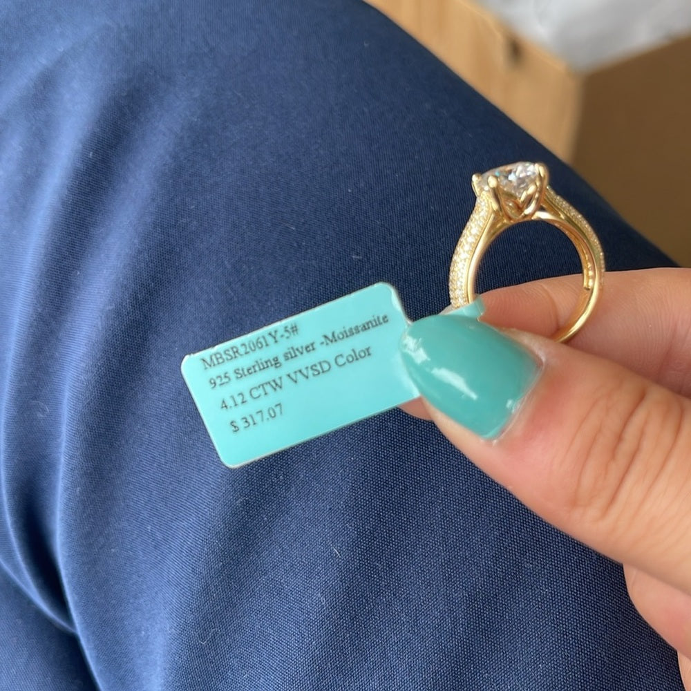 4.12 CT Moissanite Diamond Solitare & Triple Pavé Band