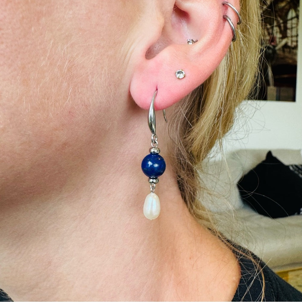 Freshwater Pearl & Lapis Dangles (high quality)
