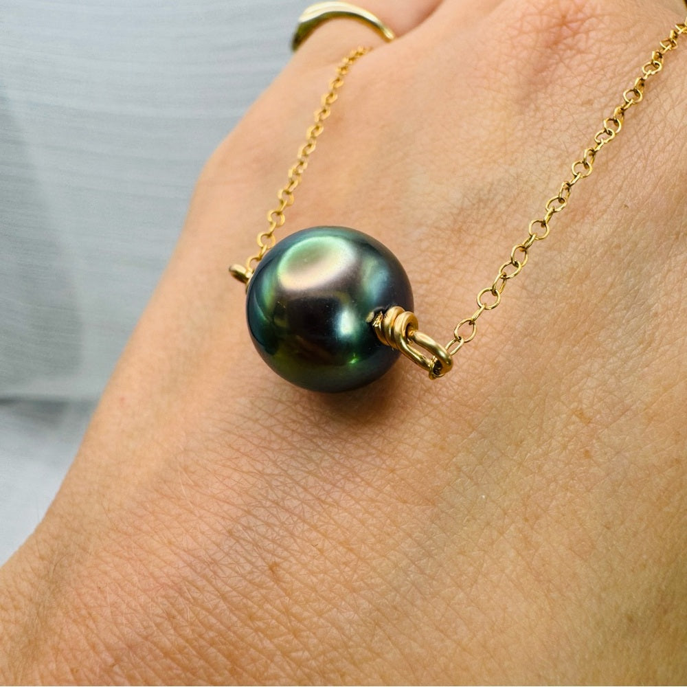 14kt Gold Tahitian Perfect Round Pearl Necklace AAA Quality