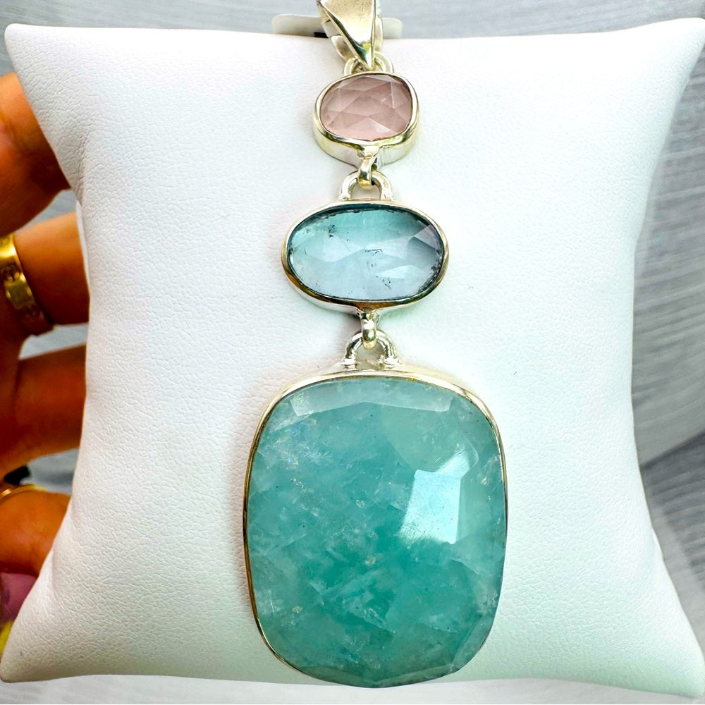 S925 Aquamarine, Blue Topaz & Rose Quartz Pendant