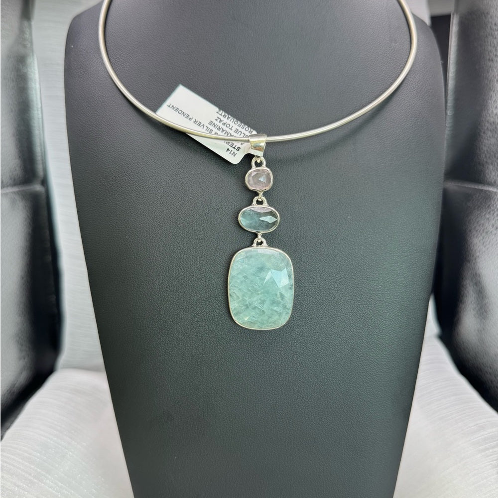 S925 Aquamarine, Blue Topaz & Rose Quartz Pendant