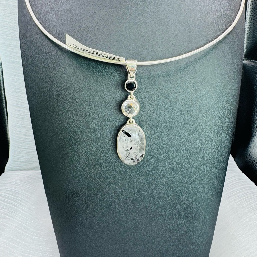S925 Tourmaline Rutile Quartz, Clear Quartz, Black Spinel Pendant