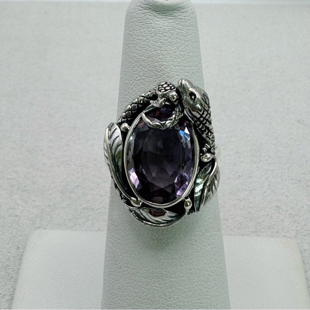 Amethyst Snake and Leaves Adjustable Ring