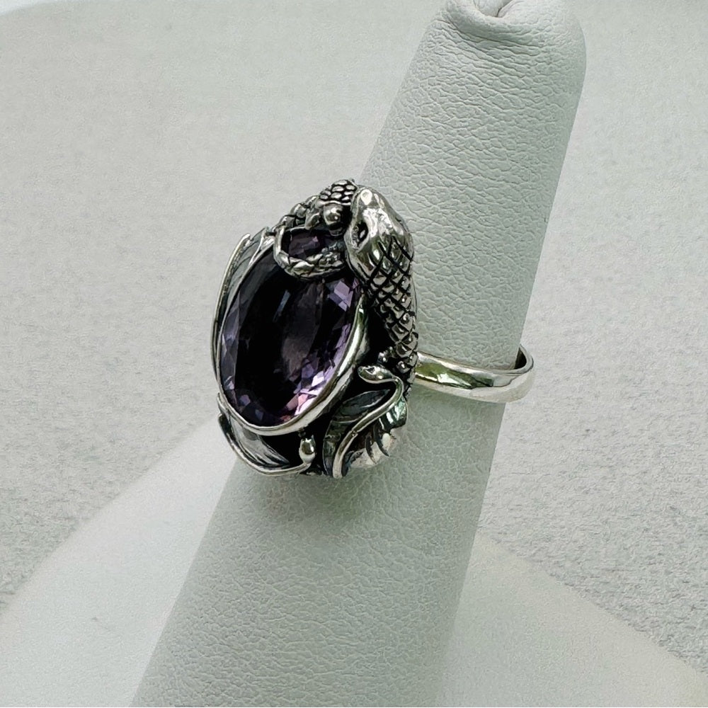 Amethyst Snake and Leaves Adjustable Ring