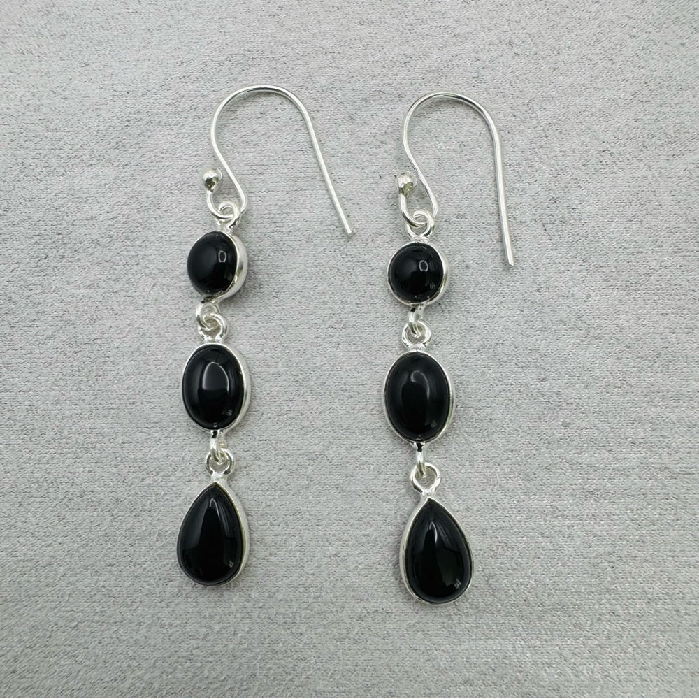 S925 Triple Black Onyx Dangle Earrings