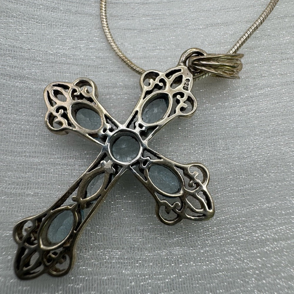 S925 Aquamarine Cross Pendant
