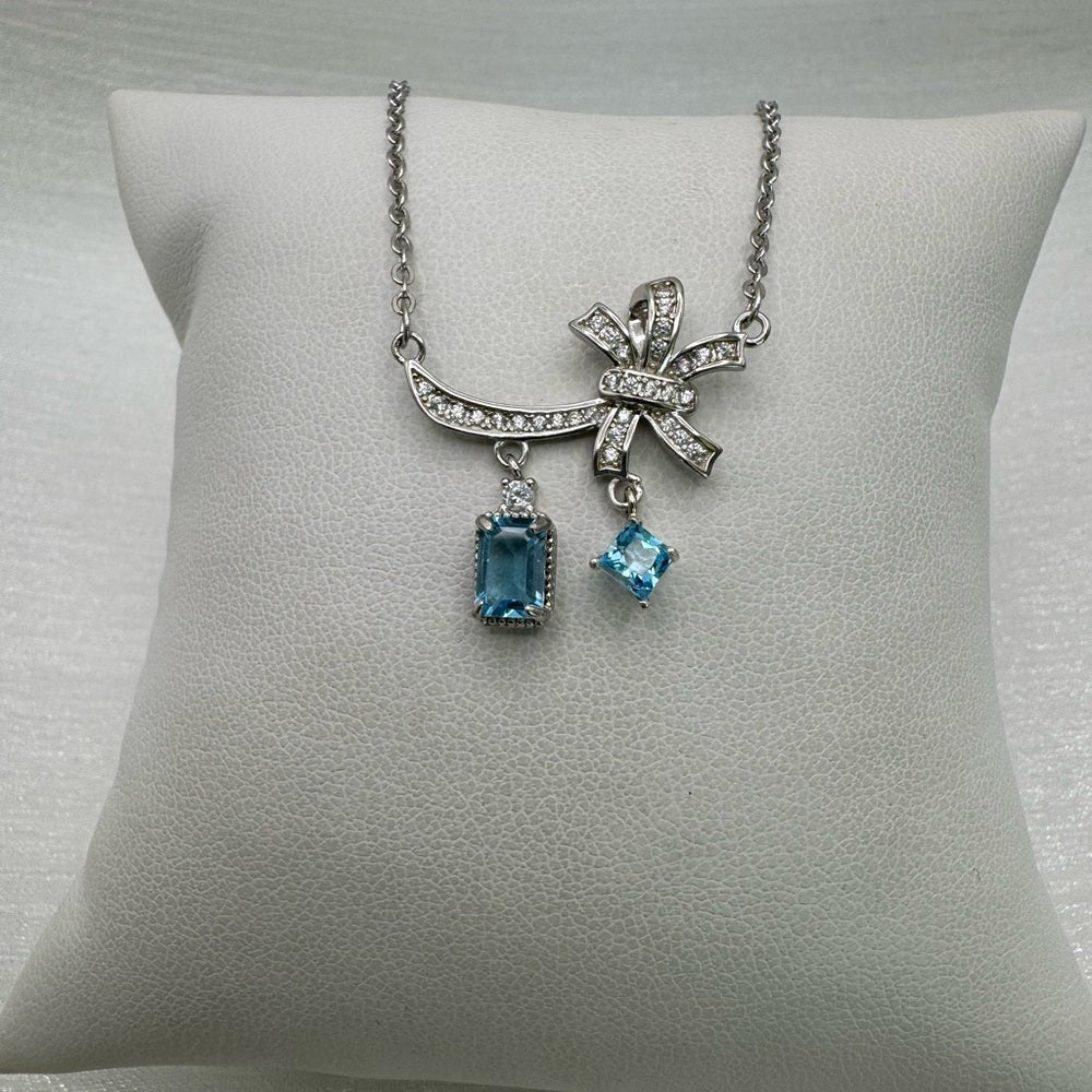 S925 Double Swiss Blue Topaz Bow Necklace