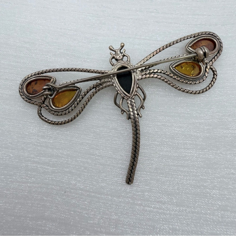 S925 Baltic Amber Dragonfly Brooch