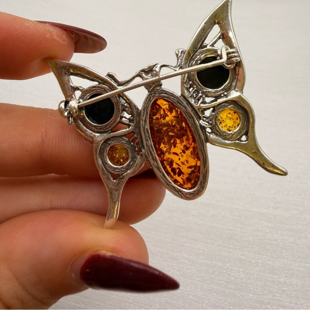 S925 Baltic Amber Butterfly Brooch