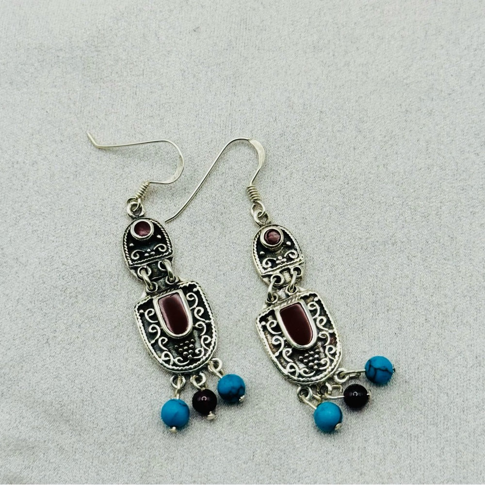 S925 Carnelian and Turquoise Dangle Earrings