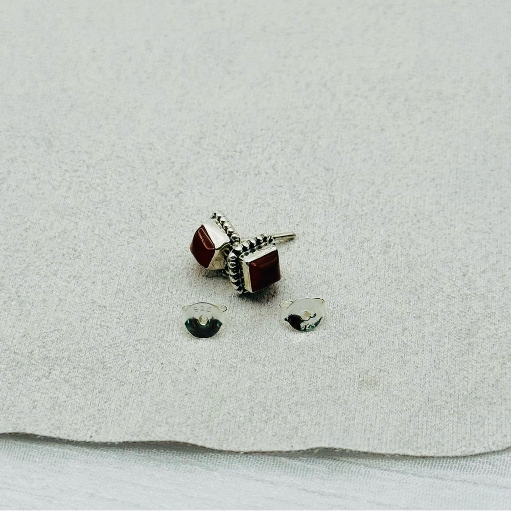 S925 Square Carnelian Stud Earrings