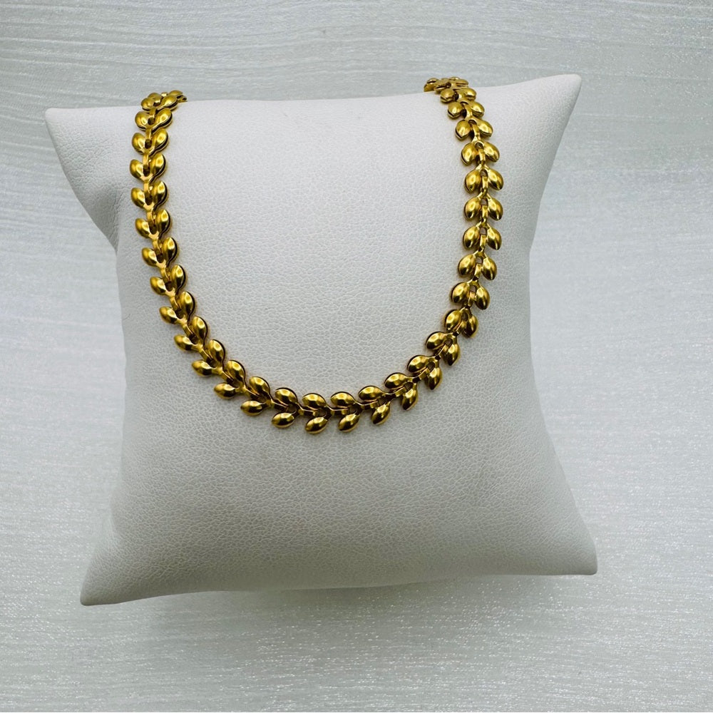 Gold Stainless Steel Puffy Leaf Chain Necklace