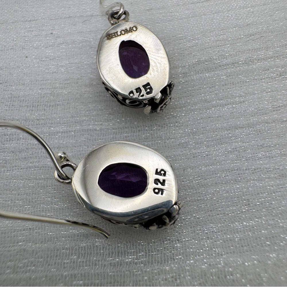 S925 Oval Amethyst Silver Detail Dangle Earrings