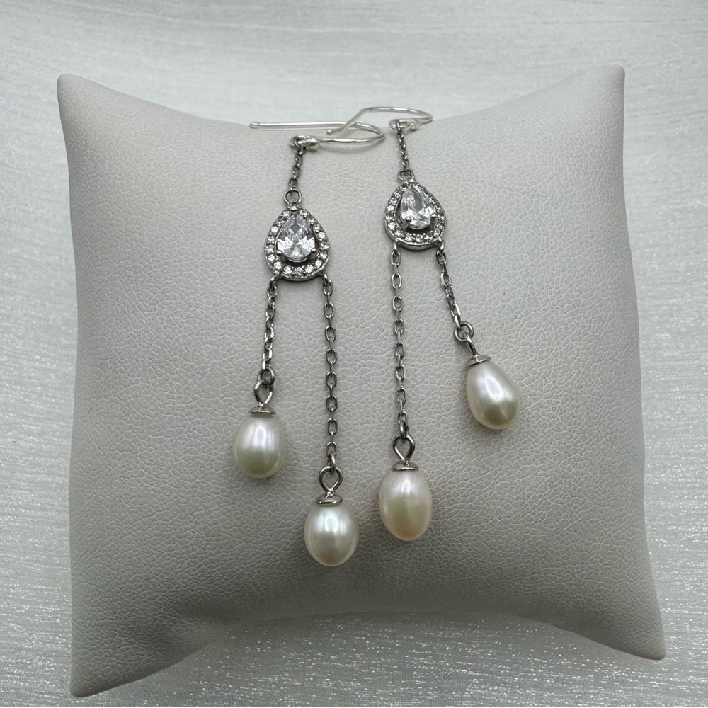 AAA CZ Teardrop And Freshwater Pearl Dangle Earrings