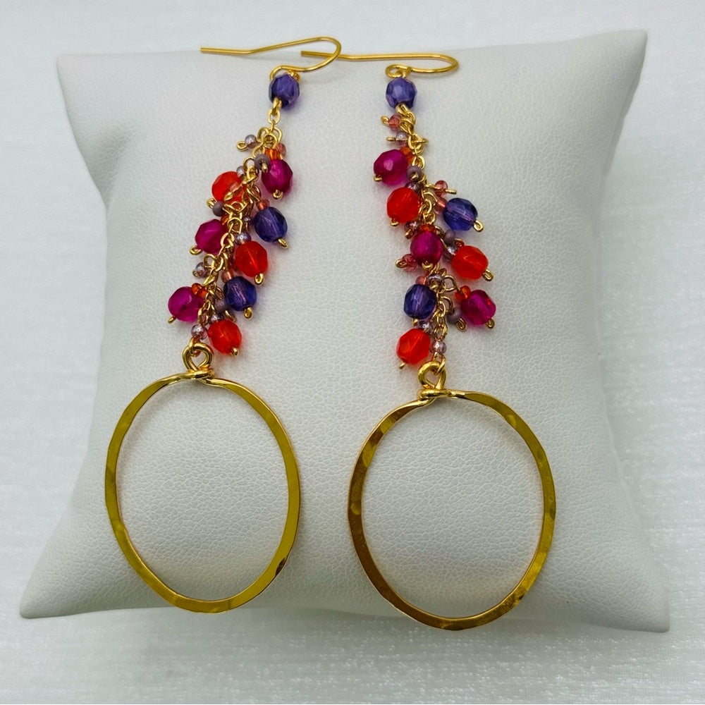 #1 Gold Handmade Hammered Dangle Earrings with Mixed Crystal Beads