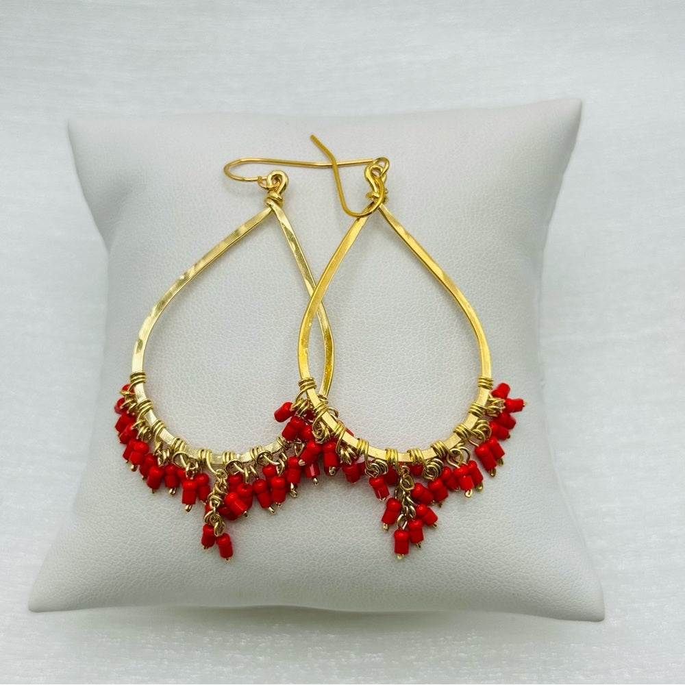 #4 Gold Handmade Hammered Teardrop Dangle Earrings with Red Crystal Beads