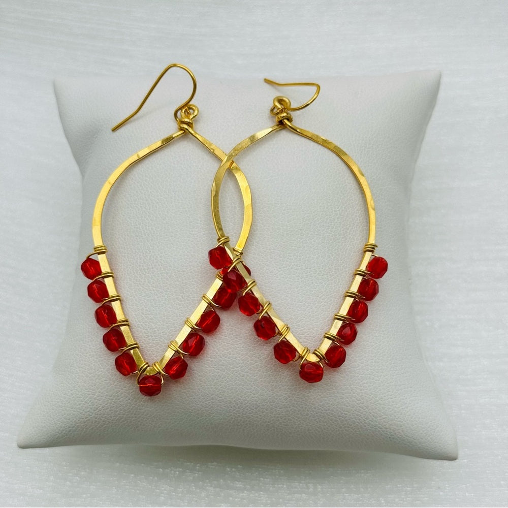 #14 Gold Hand Hammered Dangle Earrings with Red Crystal Beads