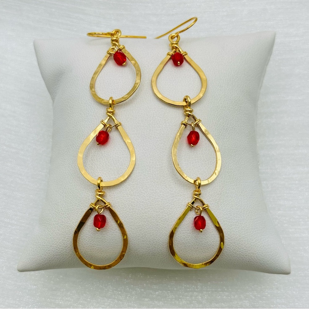 #16 Gold Hand Hammered Triple Teardrop Dangle Earrings with Red Crystal Beads
