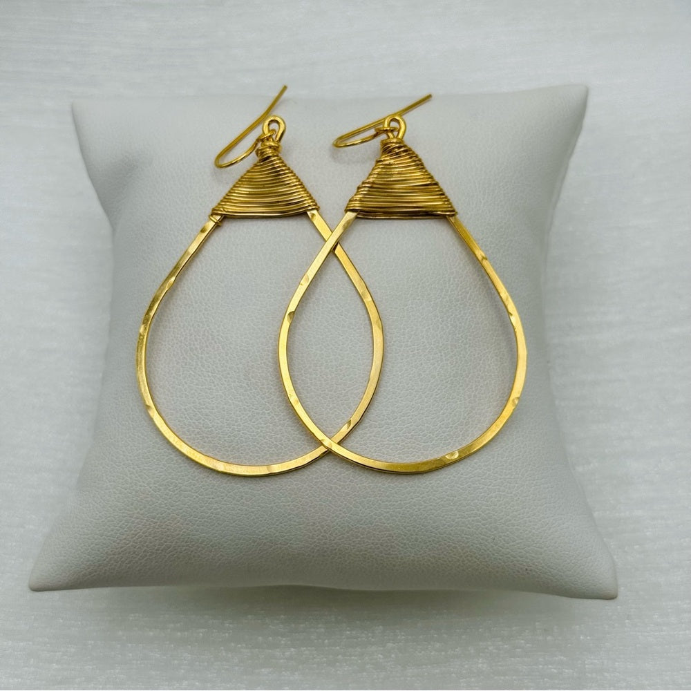 #23 Gold Handmade Hammered Wire Wrapped Teardrop Dangle Earrings
