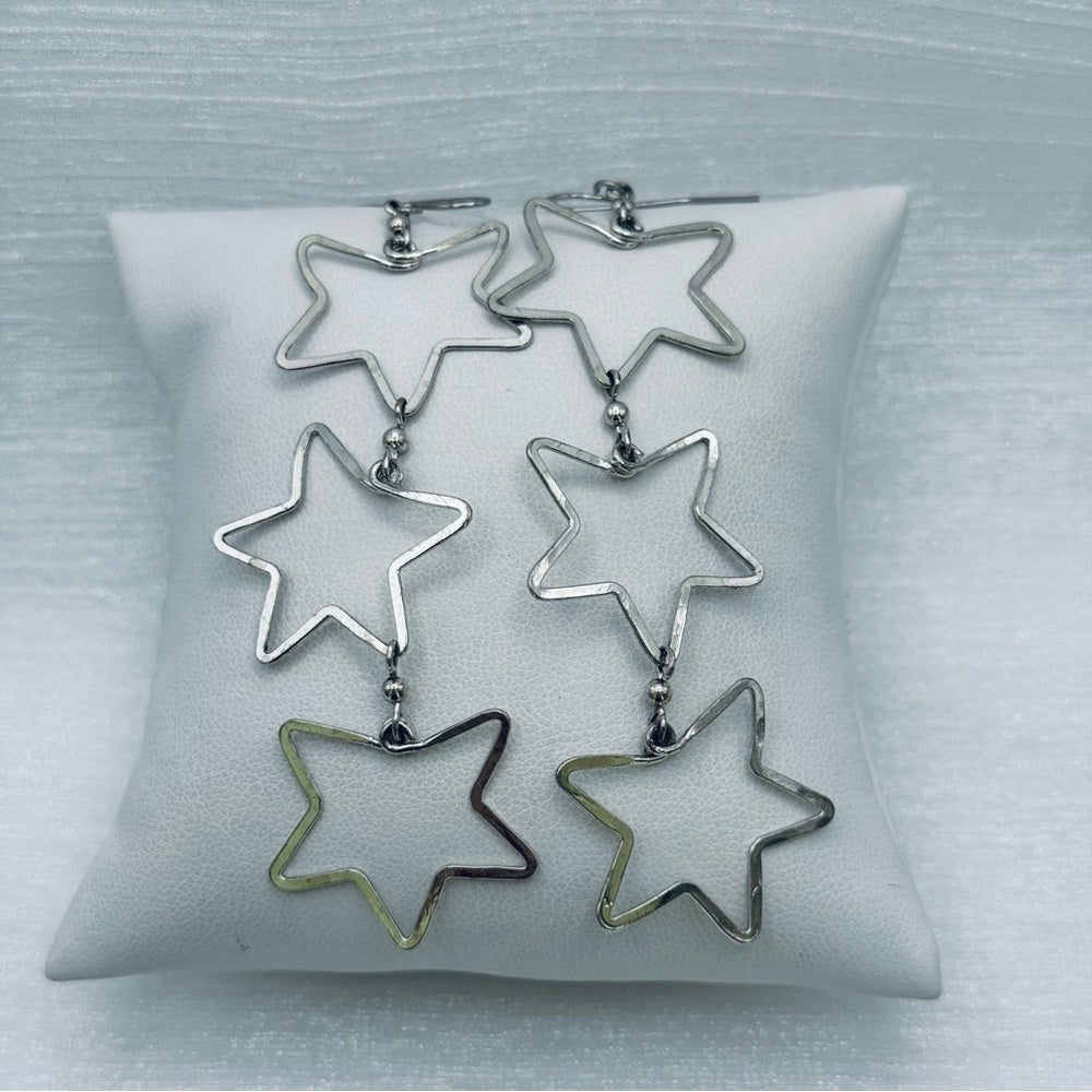 #43 Silver Handmade Hammered Triple Star Dangle Earrings