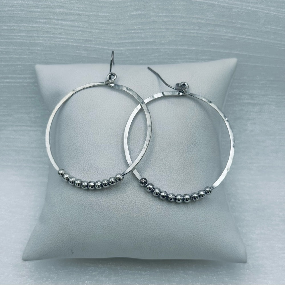 #55 Silver Handmade Hammered Beaded Circle Dangle Earrings