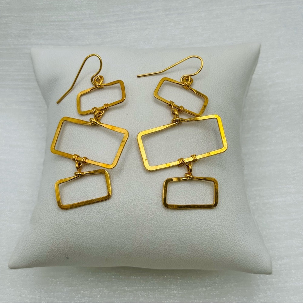 #33 Gold Handmade Hammered Triple Rectangle Dangle Earrings