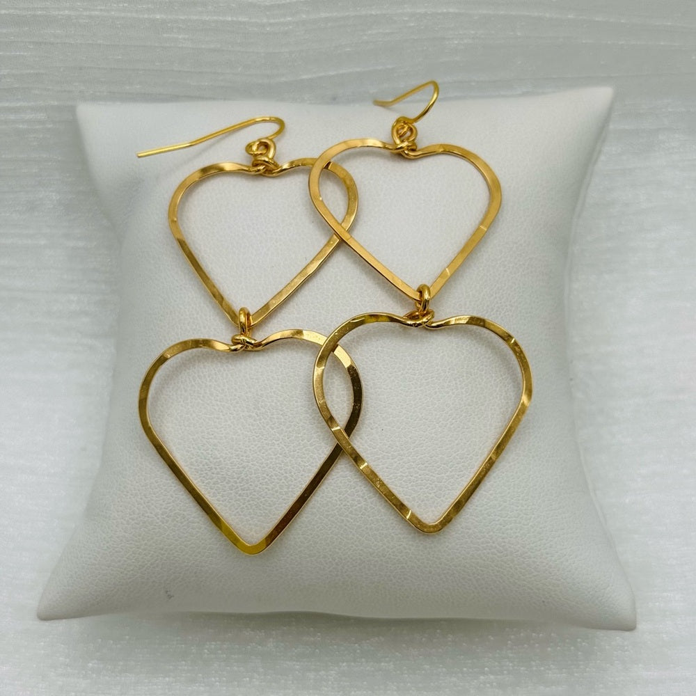 #37 Gold Handmade Hammered Double Heart Dangle Earrings