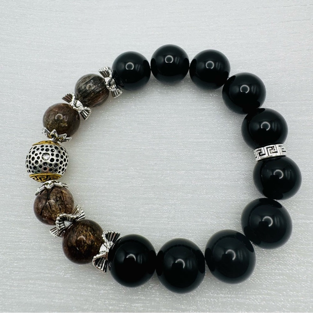 Red and Black Rutile Quartz & Obsidian Stretchy Bracelet