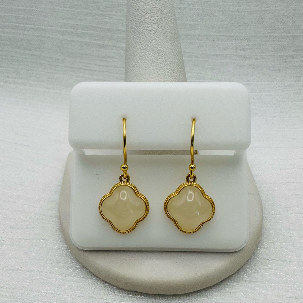 White Jade Clover Gold Drop Earrings