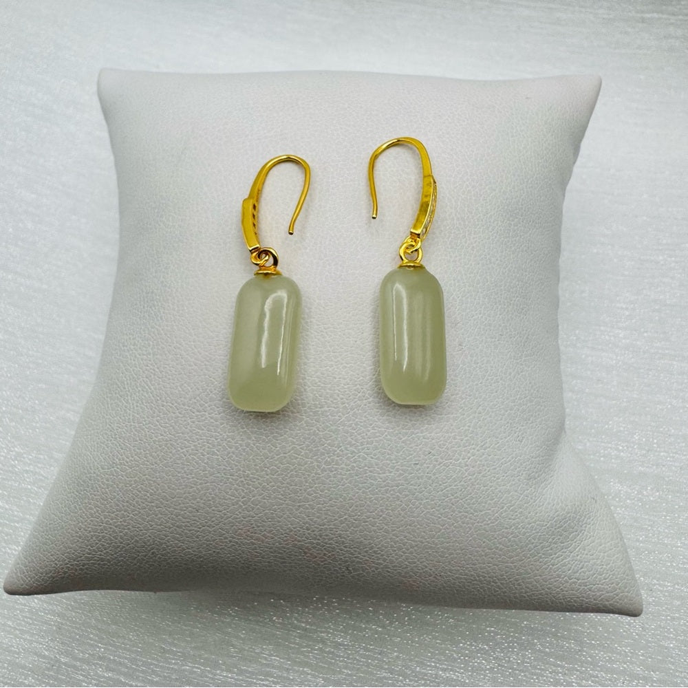 Rectangular Light Jade Gold Drop Earrings