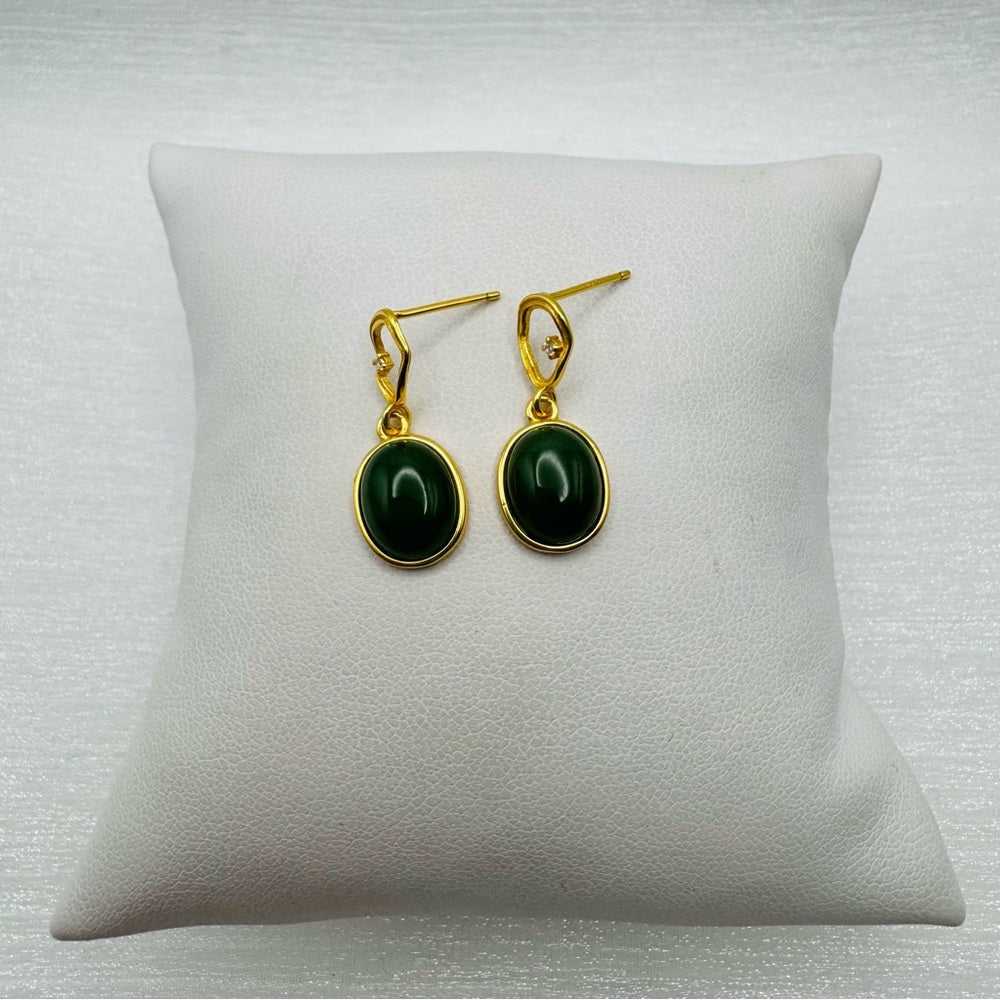 Dark Green Jade Oval Gold Drop Earrings