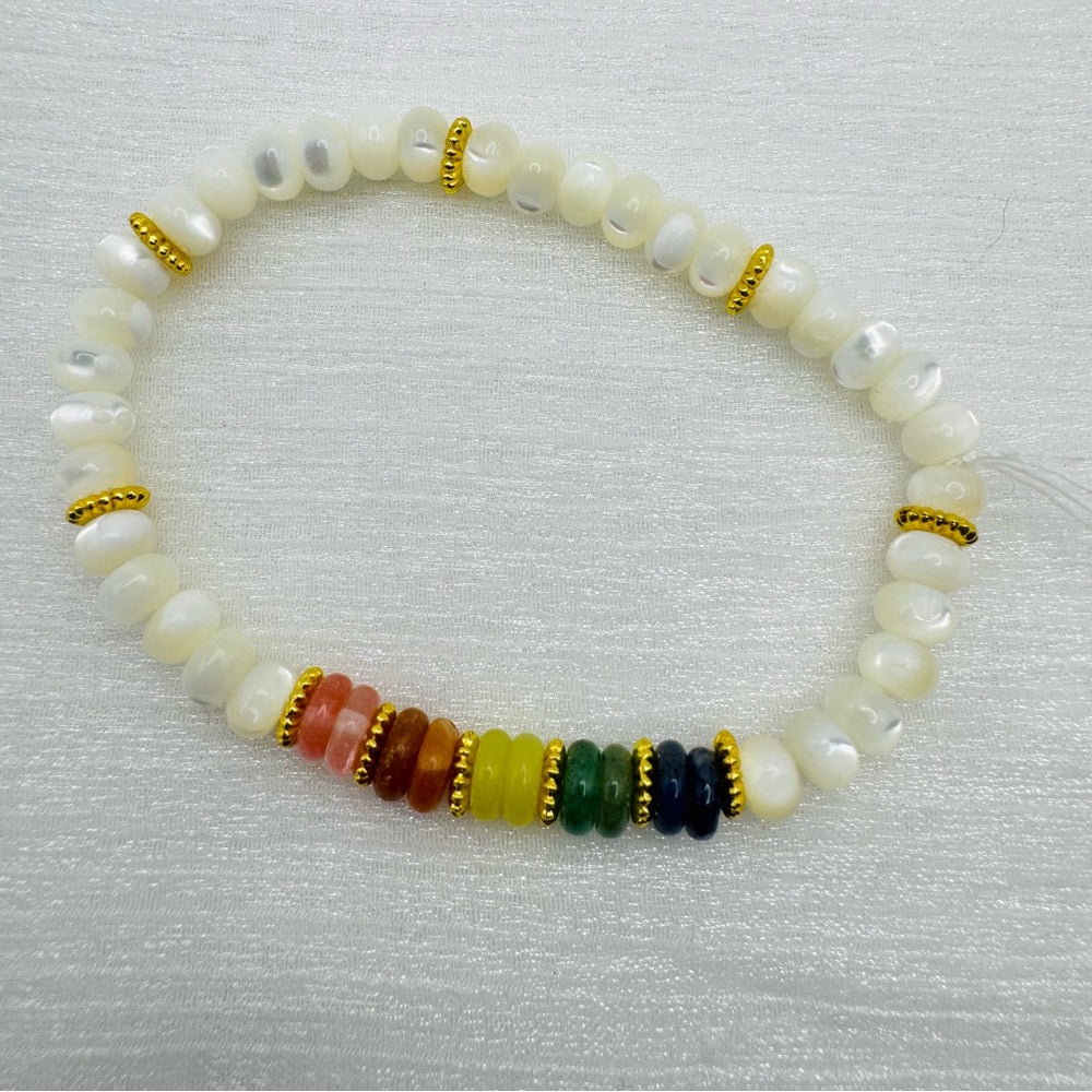 Mother of Pearl Rainbow Gemstone Stretchy Bracelet