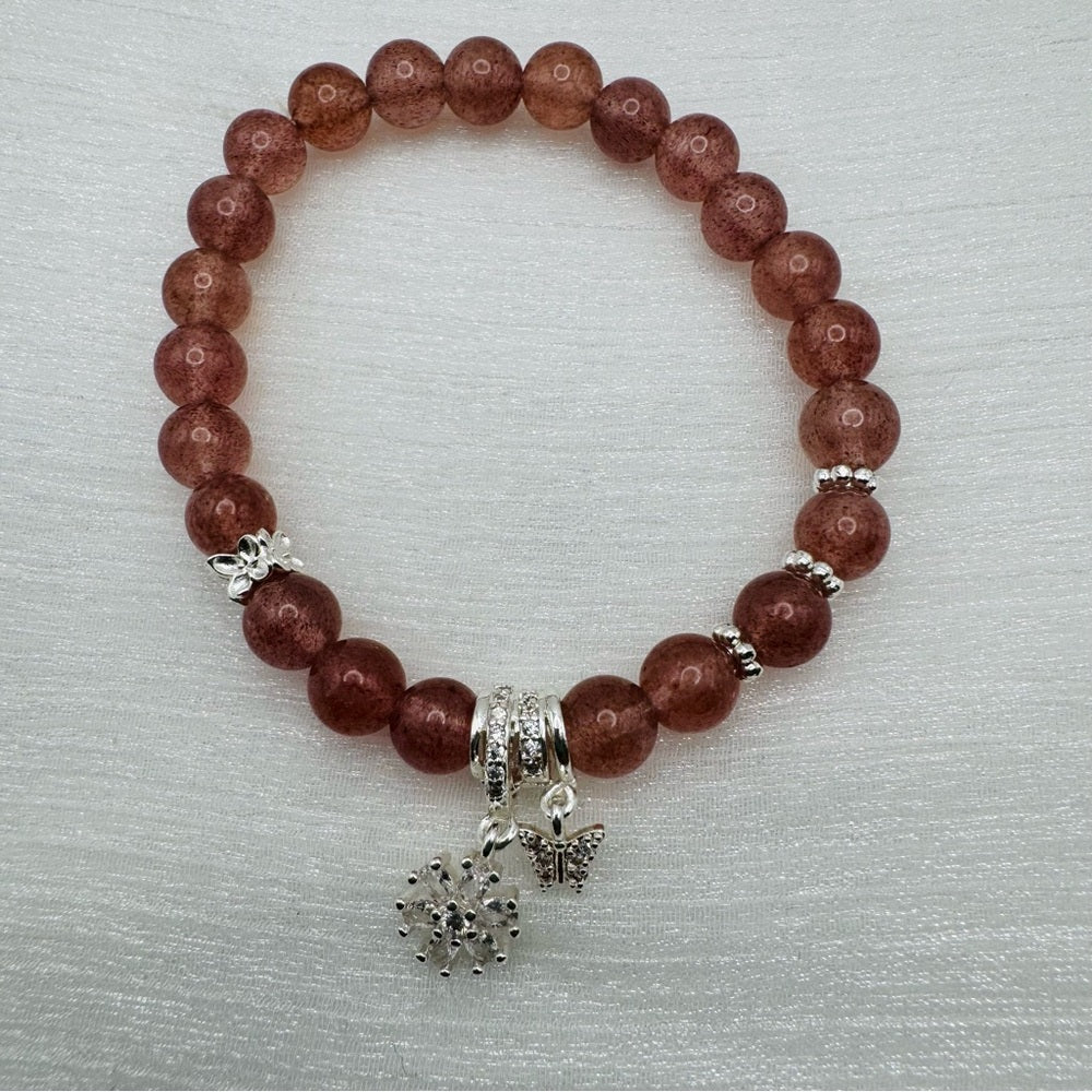 Strawberry Quartz Gemstone Flower/Beutterfly Charm Stretchy Bracelet