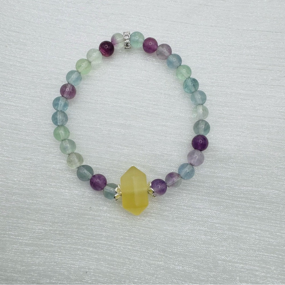 Rainbow Flourite & Lemon Quartz Gemstone Strecthy Bracelet