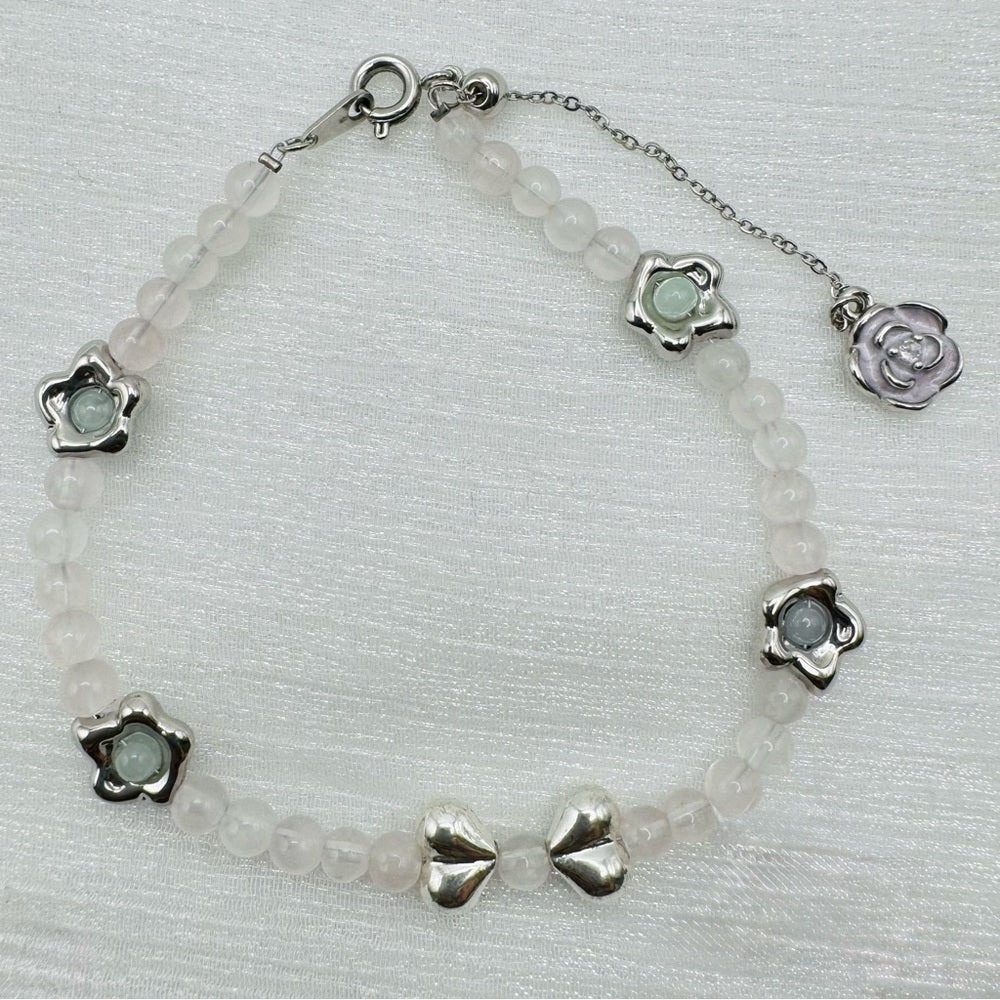 Rose Quartz & Jade Flowers Adjustable Bracelet