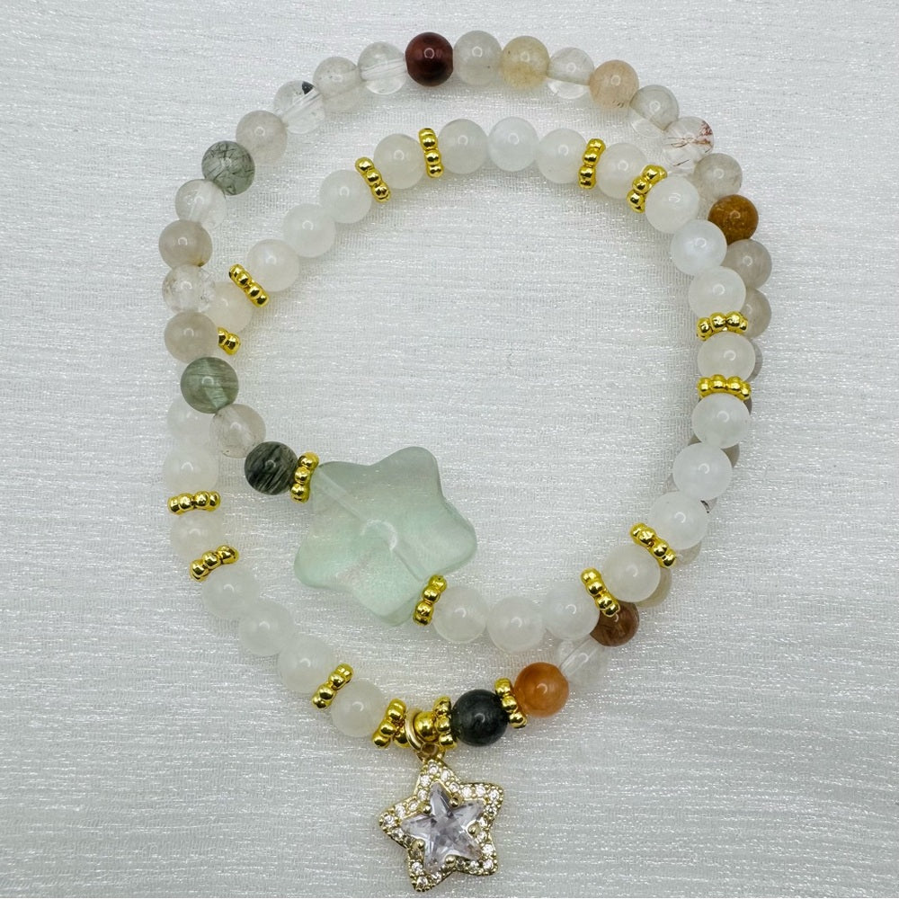 Clear Quartz & Garden Quartz Star Double Stretchy Bracelet
