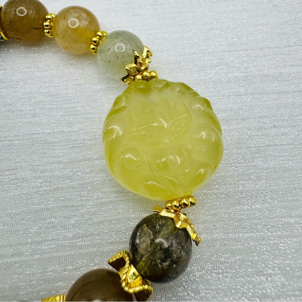 Garden Quartz & Lemon Quartz Carved Pendant Stretchy Bracelet
