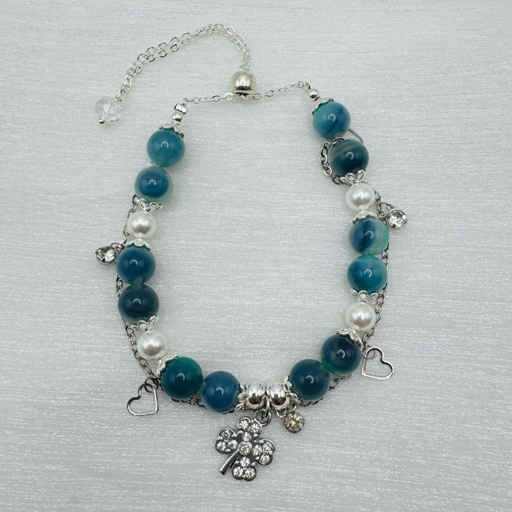Candy Agate Gemstone Heart & Four Leaf Clover Charm Adjustable Bracelet