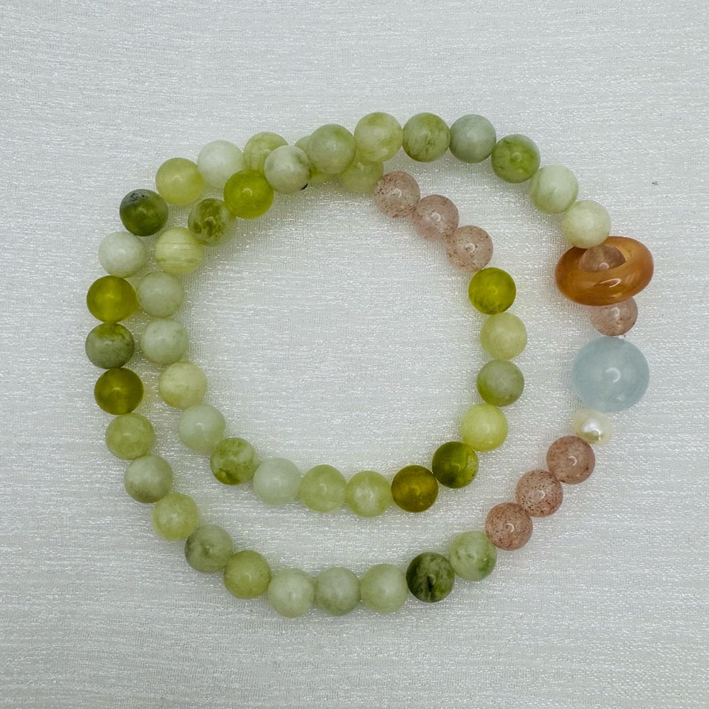 Jade, Starwberry Quartz, Aquamarine Gemstone Stretchy Bracelet