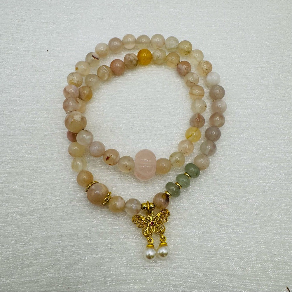 Flower Agate Butterly Charm Gemstone Stretchy Bracelet