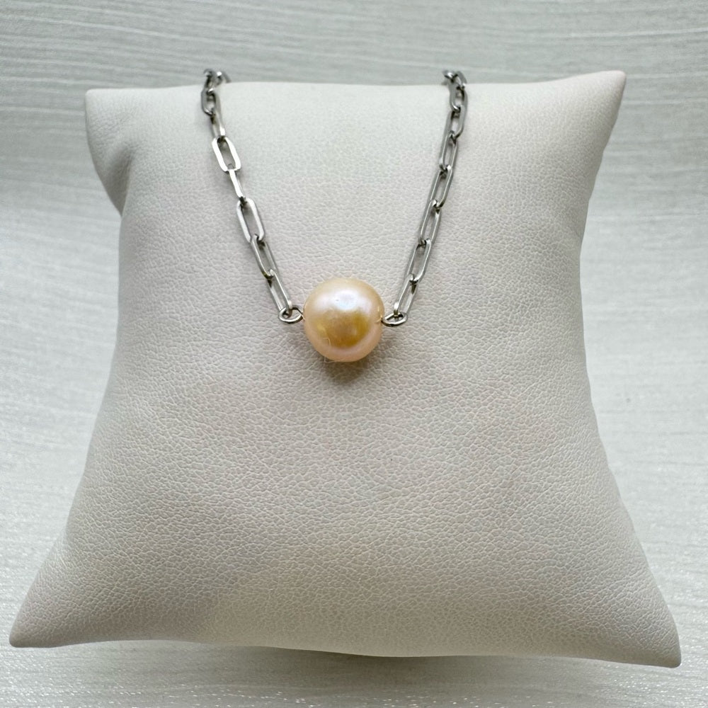 Golden Freshwater Pearl Paper Clip Chain Necklace