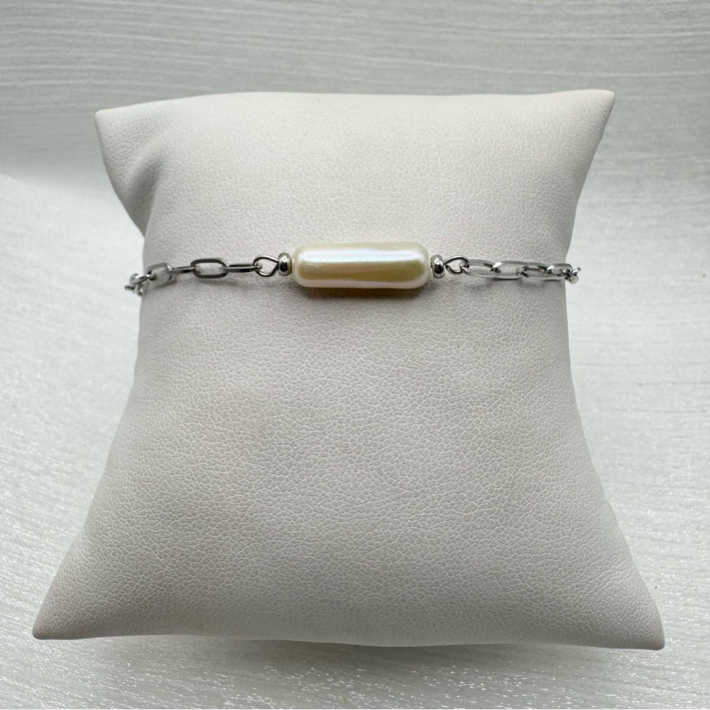 Freshwater Pearl Silver Paperclip Bracelet