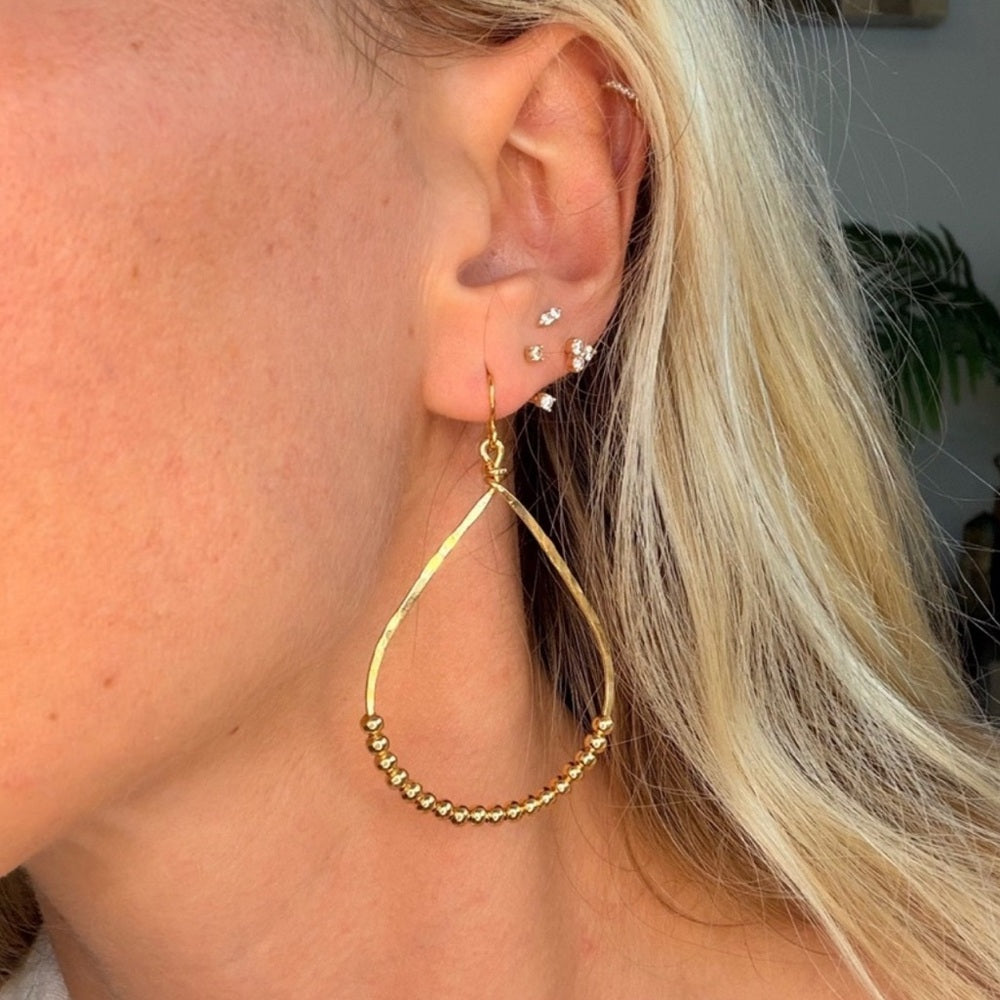 #35 Gold Handmade Hammered Large Teardrop Ball Dangle Earrings