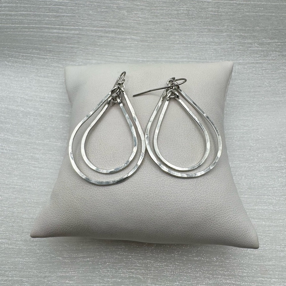 #69 Silver Handmade Hammered Small Double Teardrop Dangle Earrings