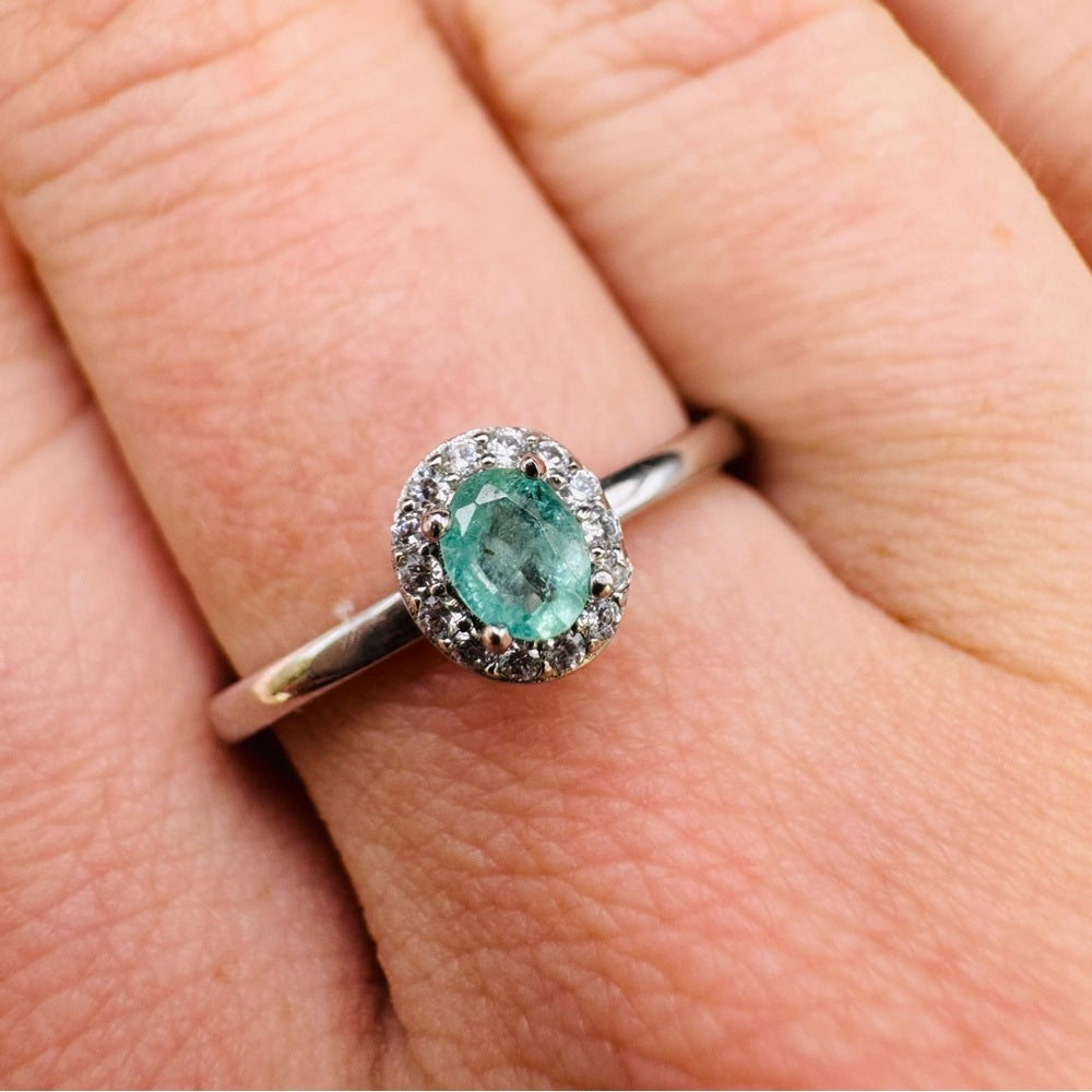 Emerald Solitaire With Pave Oval S925 Sterling Silver Ring