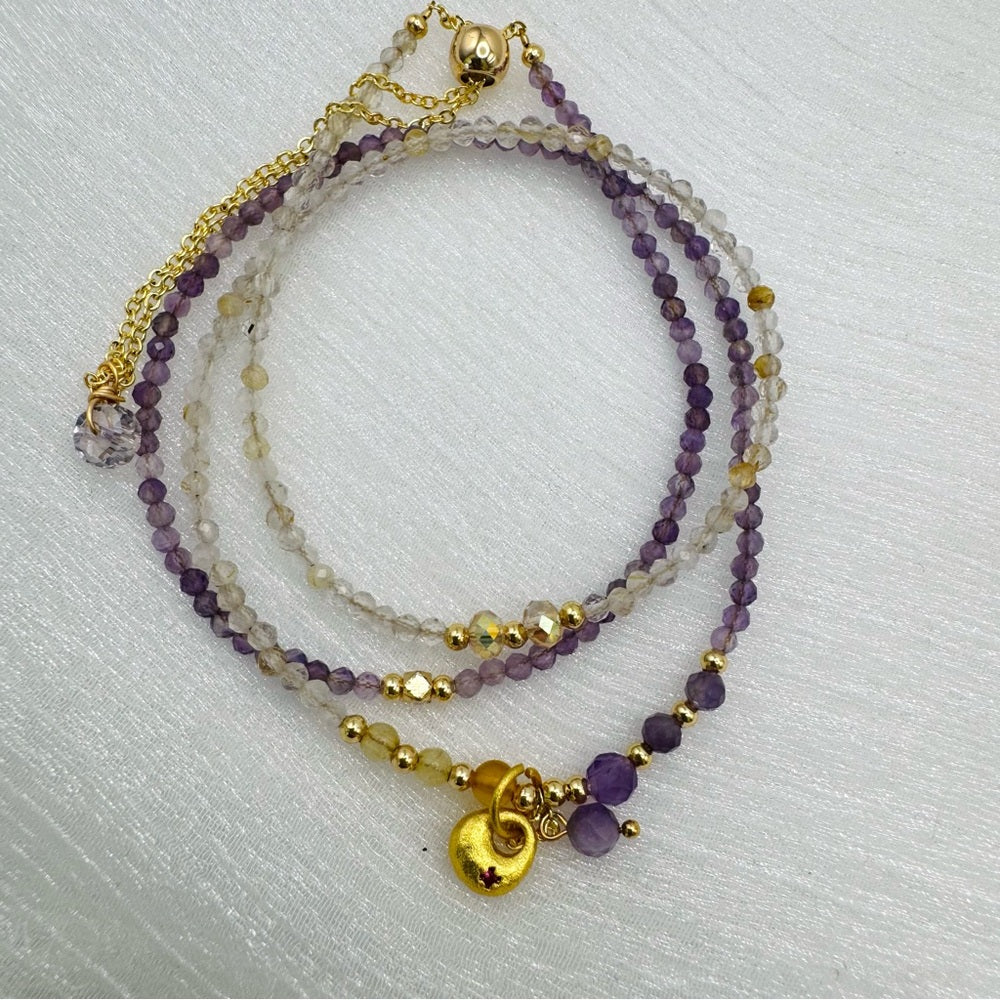 Purple Fluorite and Golden Rutile Adjustable Necklace