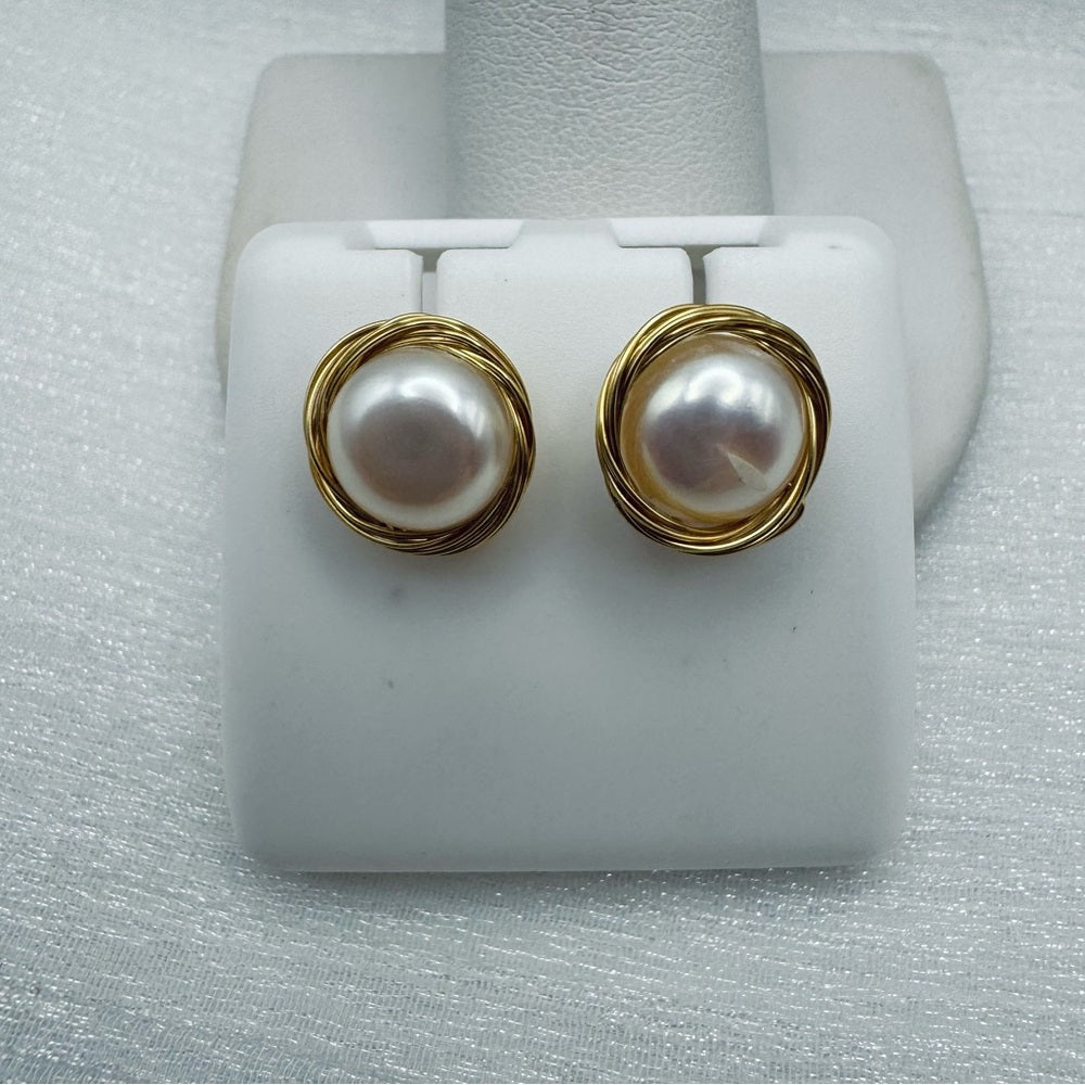 Gold Nested Pearl Stud Earrings