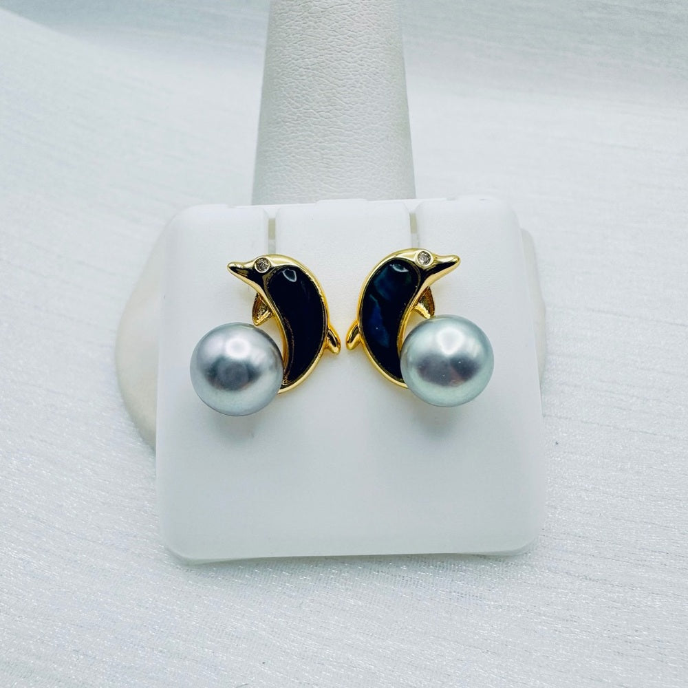 Dolphin Abalone and Pearl Stud Earrings